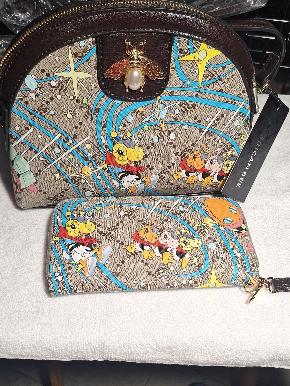 Brown Cartoon Print Dome Crossbody Bag with Matching Wallet